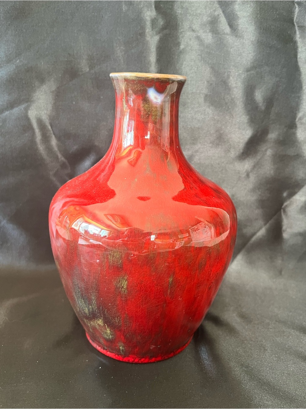 Vintage 1965 Flambé Red Glazed Ceramic Vase MCM Drip Glaze Bottle Vessel
